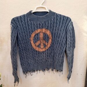 POL Blue Cable-Knit Sweater with Tan Peace Sign Patchwork